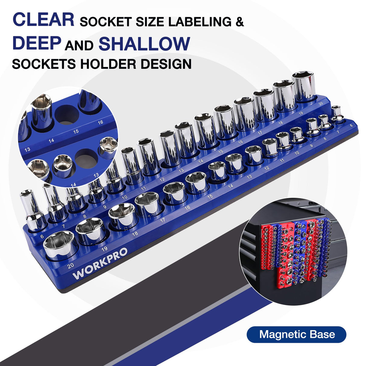 WORKPRO Magnetic Socket Organizer Set, 6-Piece Socket Holder Set Includes 1/4", 3/8", 1/2" Drive Metric SAE Socket Trays, Holds 143 Pieces Sockets, Christmas Gift for Men(Socket not Included)