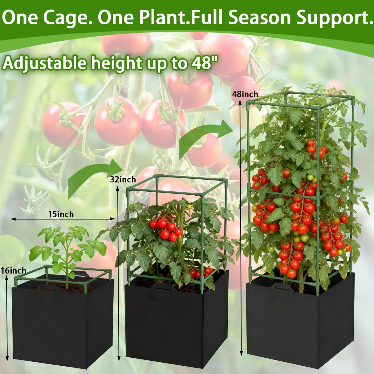 Tomato Cages for Garden, Tomato Planter with Trellis, 48in Tall Square Tomato Trellis with 18 Gallon Grow Bags, Patio & Balcony, Metal Tomato Cage for Tomatoes Cucumbers Peas Climbing Plants, 3 Pack