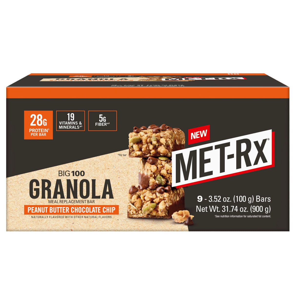 MET-Rx Big 100 Granola Protein Bar, Meal Replacement Bar, 32G Protein,Peanut Butter Chocolate Chip, Pack of 9