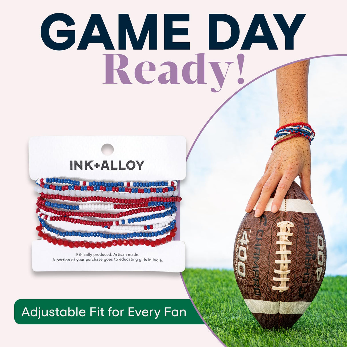 INK + ALLOY Game Day Bracelets for Women, Beaded Bracelet Stacks for Fans, Handmade Jewelry for College Students, Teachers, Team Gifts, Set of 10 (Red, White + Blue)
