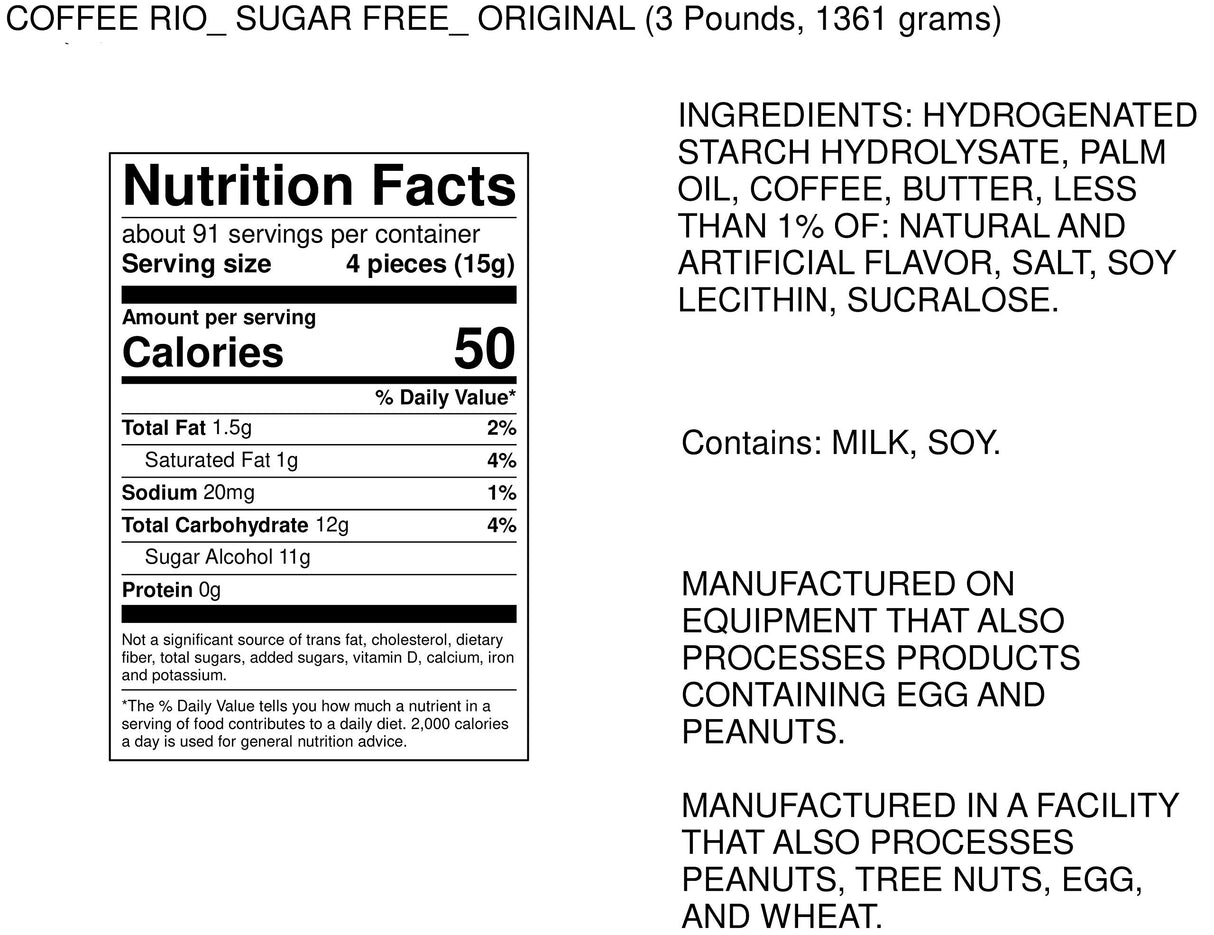 Coffee Rio Sugar-Free Coffee Rio Coffee Bulk Candy, 3 Pound Bag Individually Wrapped Sugar-Free Coffee Candy, Kosher Candy (Sugar-Free Original)