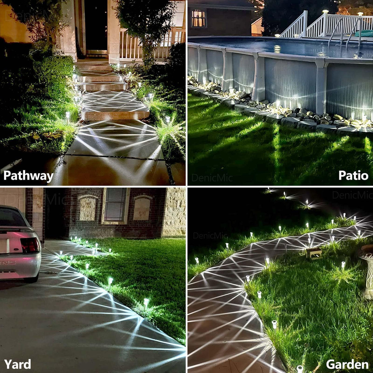 DenicMic Solar Lights Outdoor 10 Pack Waterproof 6000K Cold White LED Stainless Steel Stake for Pathway Yard Garden Driveway Solar Powered Outside Christmas Decor