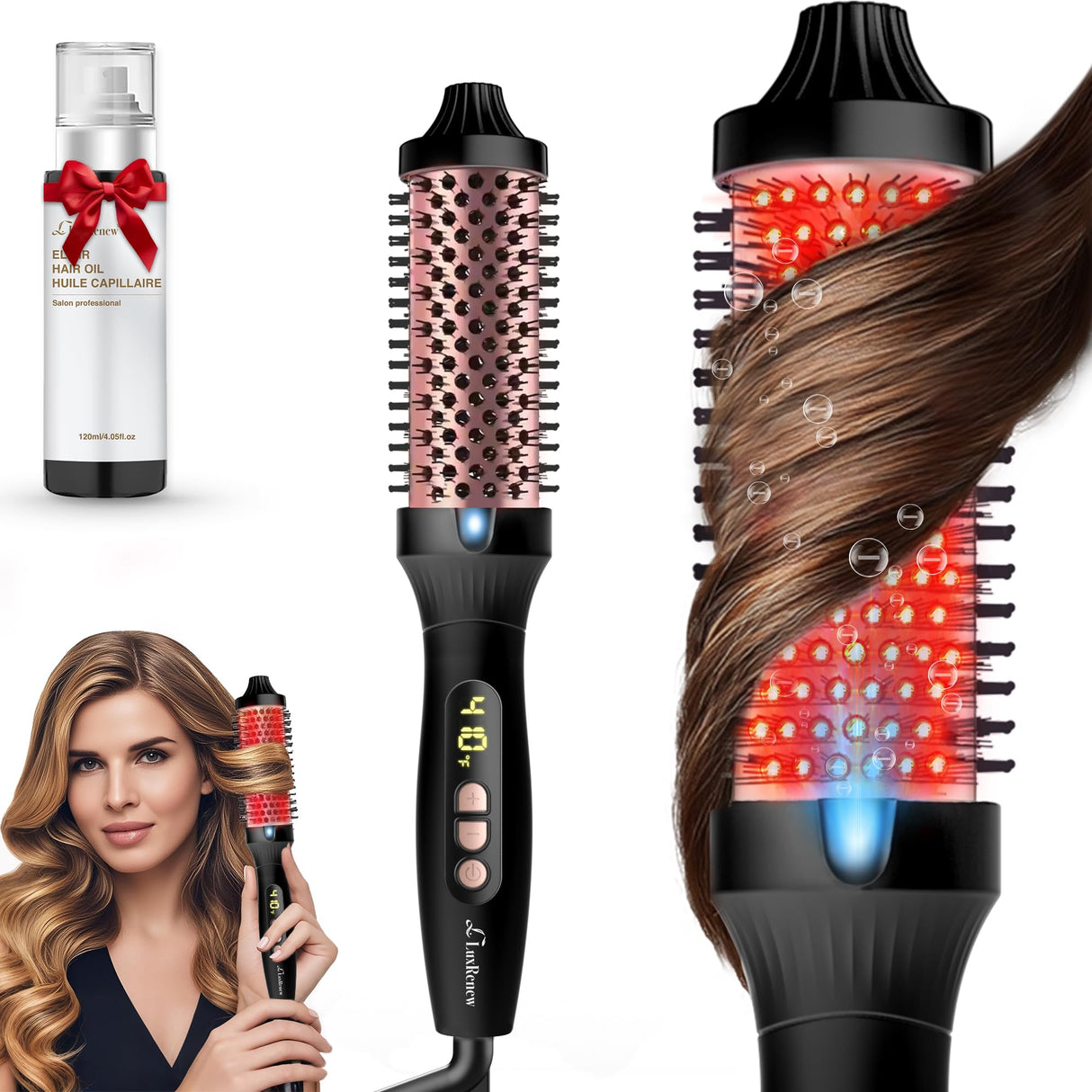 Infrared Bounce Brush, Heated Thermal Round Brush with Negative Ion Technology, 10 Heat Settings for Blowout Look with Hair Care Oil, Straightening & Curling, Suitable for All Hair Types, Black