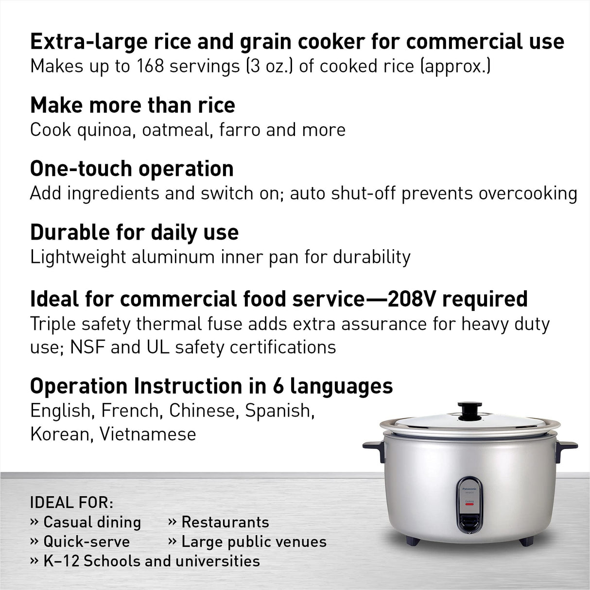 Panasonic Commercial Electric Rice Cooker, 208V Extra-Large Capacity 80-Cup (Cooked), 40-Cup (Uncooked) with One-Touch Operation - SR-GA721L - Silver