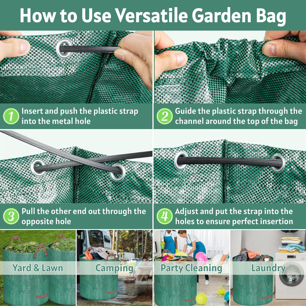 Jesosia Garden Rake for Leaves with Leaf Bag & Gloves - 65 Inch Adjustable 25 Tines Metal Rake Set with 72 Gallon Reusable Yard Waste Bags for Gardening Lawns Outdoor Camping Shrub Grass Bush