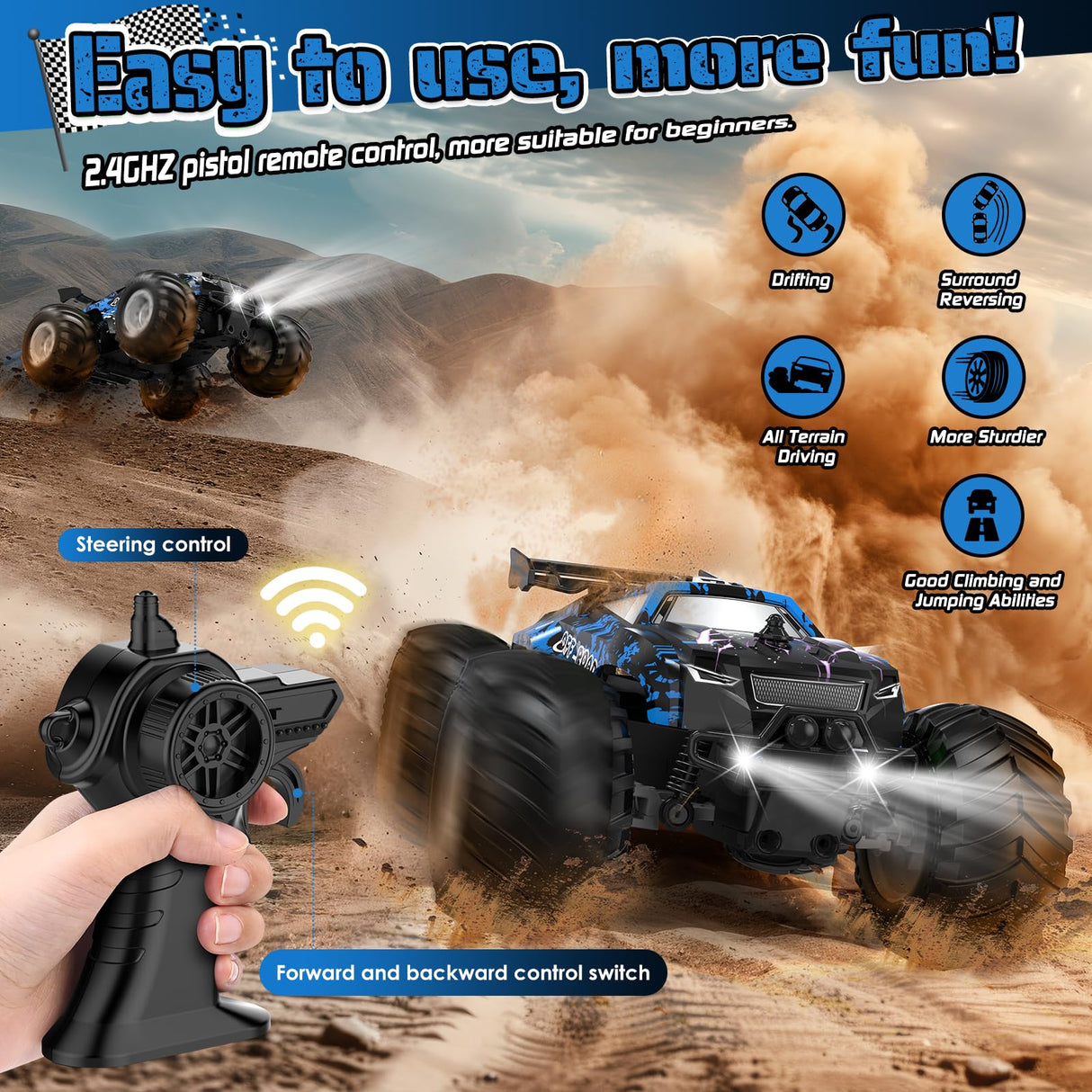 Hielse Remote Control Car, All-Terrain Remote Control Truck for Boys, Rechargeable Rc Truck with LED, 1:20, 10KM/H, 2 Motors, 2.4GHZ, Speed Friendly, Sturdy, Rc Cars for Christmas, Kids, Beginner