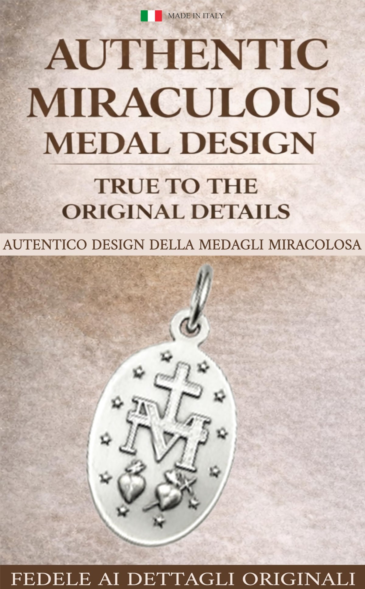MIRACULOUS MEDAL ORIGINAL DESIGN, CATHOLIC VIRGIN MARY PENDANT, MADE IN ITALY, SILVER PLATED BRASS, RELIGIOUS JEWELRY GIFT FOR WOMEN MEN