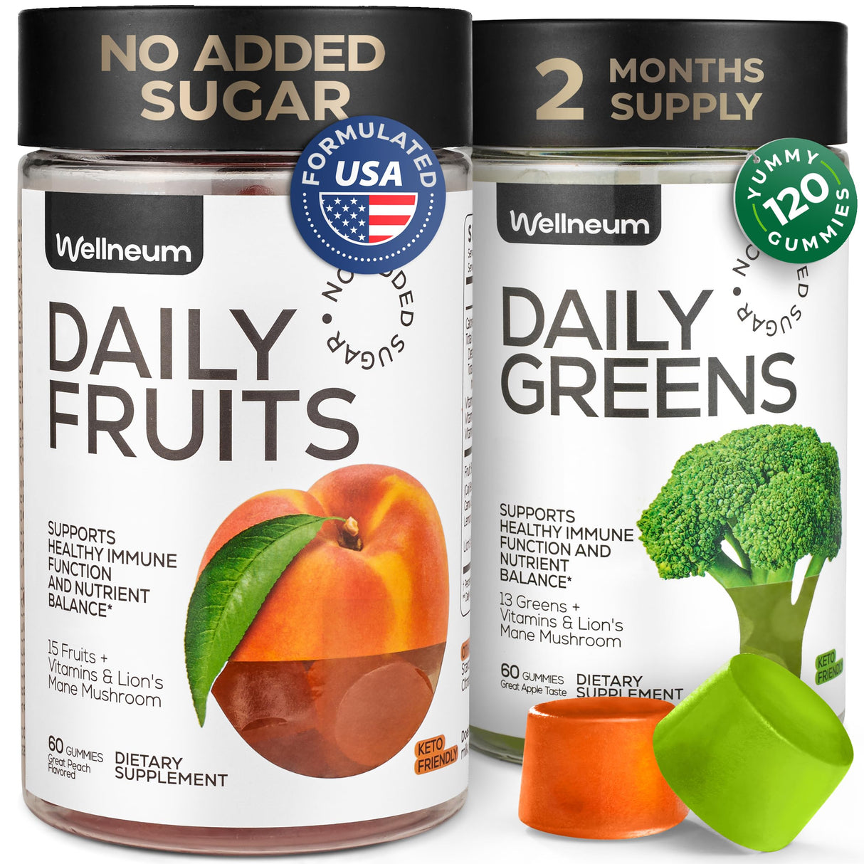 Super Fruit Super Greens Gummies for Adults - Daily Greens Vegetable Gummies for Immunity Health, Energy, Nutrient Balance - Fruits Blend 60 Count, Veggies Blend 60 Count - Sugar Free