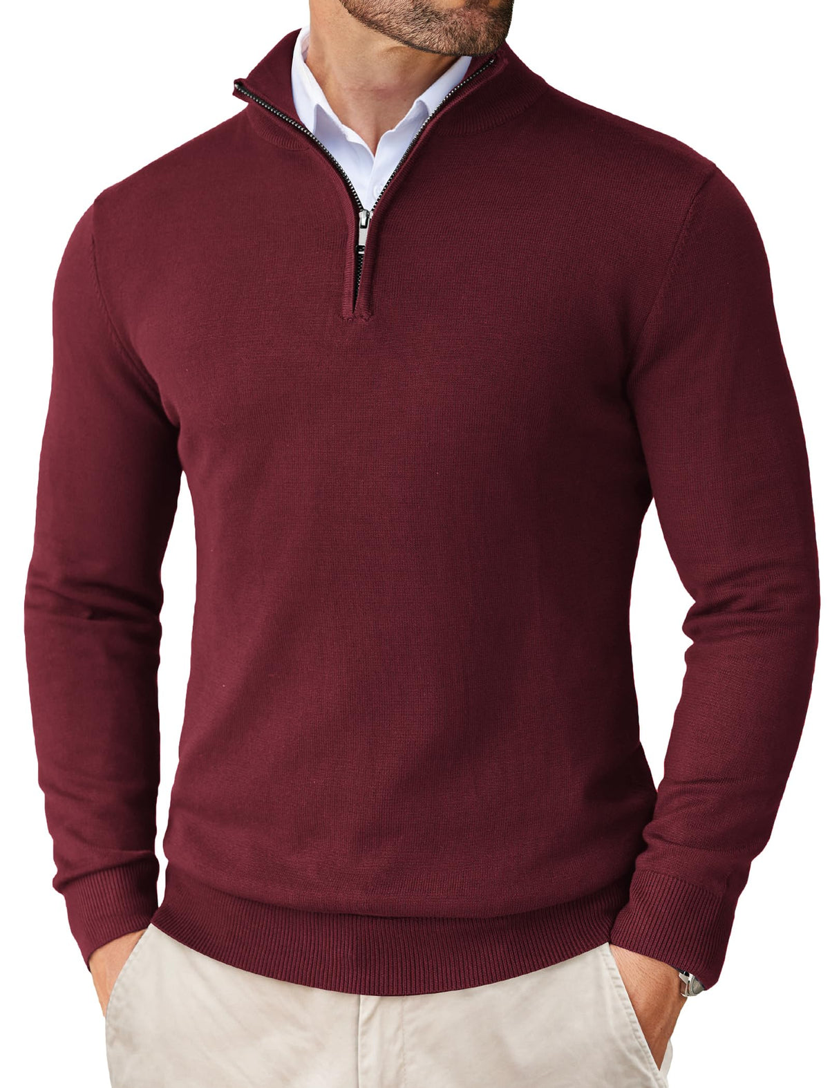 COOFANDY Men's Soft Quarter Zip Sweater Casual Long Sleeve Pullover Sweaters Wine Red Christmas Sweater