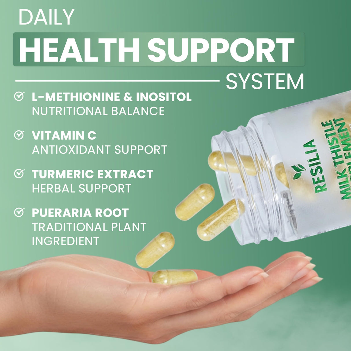 Resilia Milk Thistle Silymarin – 300 mg Supplement with Dandelion, Vitamin C, Inositol, Pueraria Root & Turmeric Extract, Antioxidant-Focused Plant Formula, 30 Vegetarian Capsules