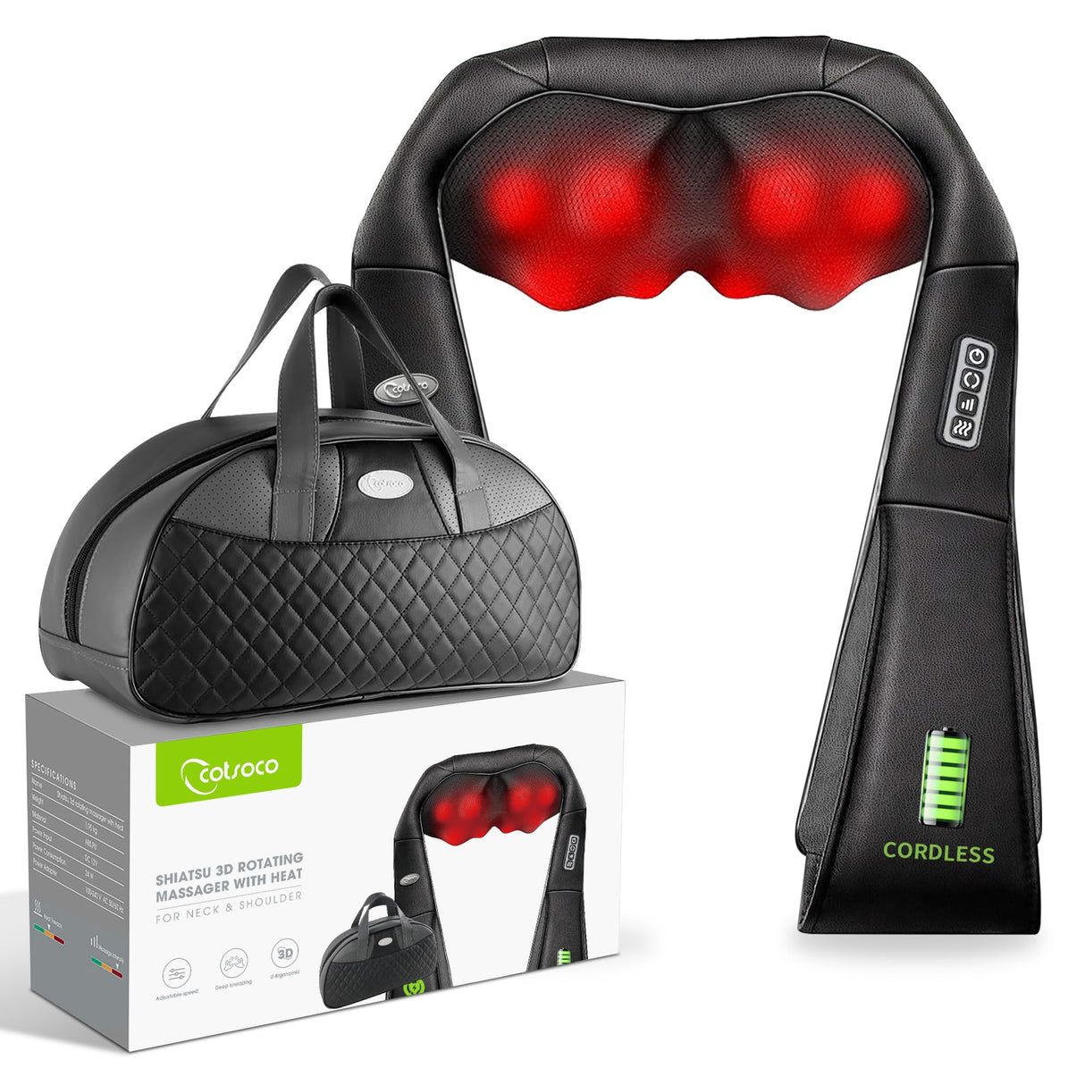 cotsoco Cordless Shiatsu Neck and Shoulder Massager with Heat,Portable Massagers for Neck and Back,3D Deep Tissue Kneading Back Massager for Muscle Pain Relief,Perfect Gifts for Men and Woman