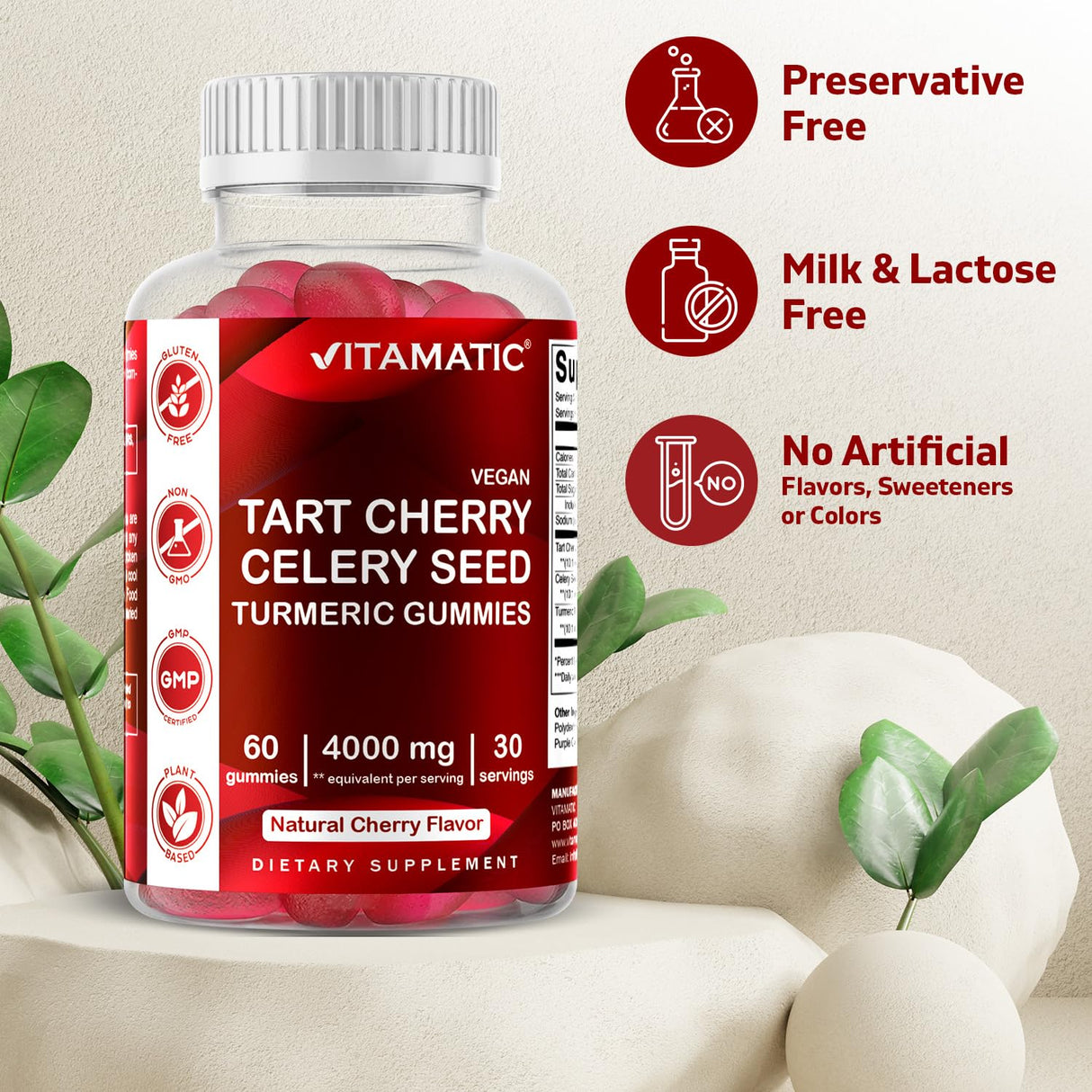 Vitamatic Tart Cherry with Celery Seed Gummies – 4000mg Equivalent Per Serving (from 10:1 Extract, 400mg) - 2-Pack