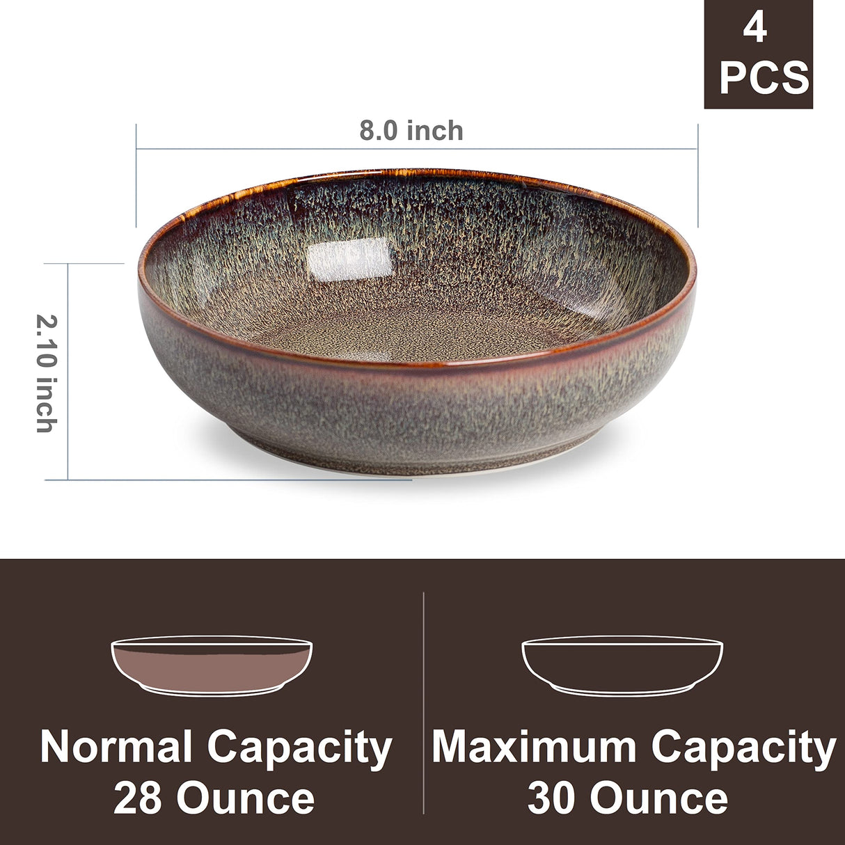 KYBSCZ 30oz Ceramic bowls set of 4-8" serving bowls for Kitchen,Pasta,Salad-Dishwasher & Microwave Safe Perfect for Housewarming, Thanksgiving, Christmas-Caramel Brown