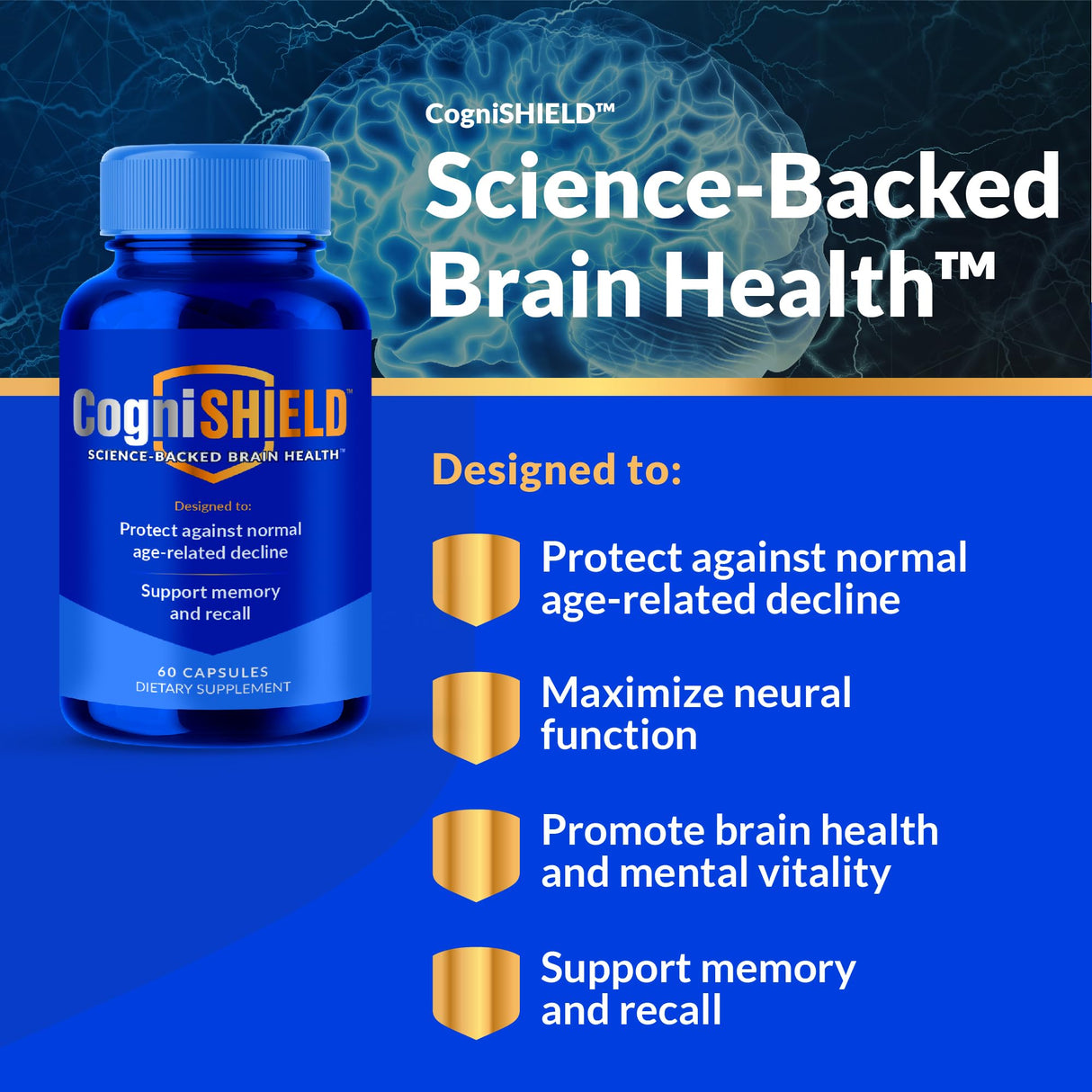 CogniSHIELD Brain Health Supplement - 60 Count - Support Strong Memory, Recall - Protect Against Normal Age-Related Cognitive Decline