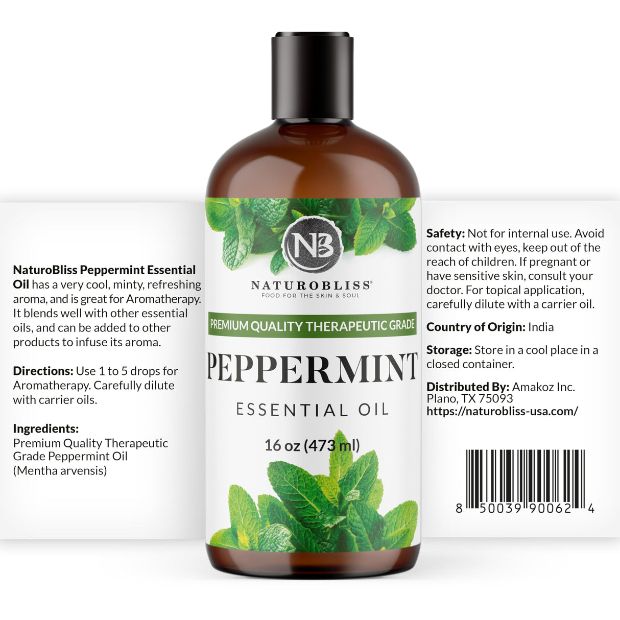 NaturoBliss Peppermint Essential Oil, 100% Pure and Natural Therapeutic Grade, Premium Quality Peppermint Oil, 16 fl. Oz - Perfect for Aromatherapy and Relaxation