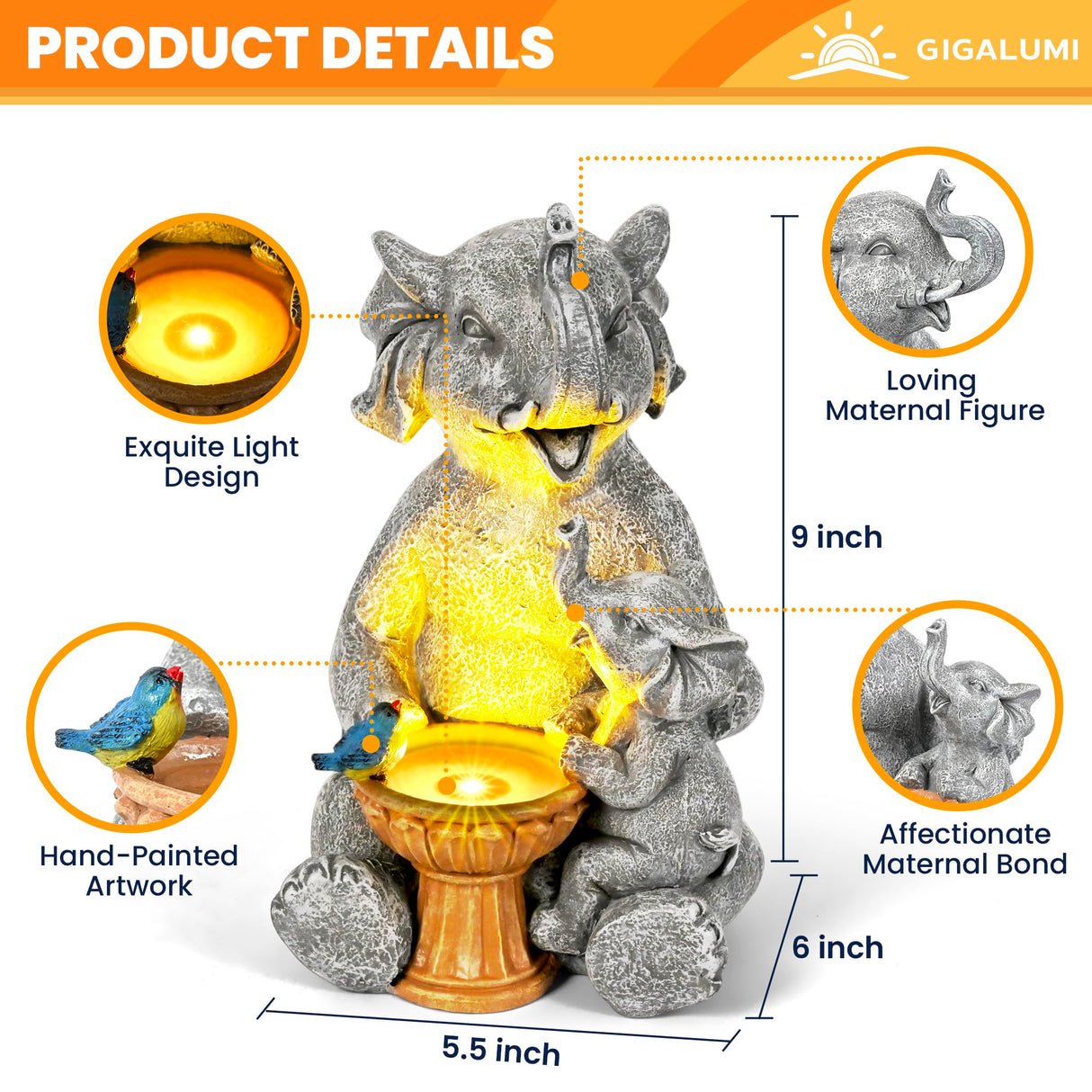 GIGALUMI Solar Garden Statues Bird Bath Elephant 9", Loving Elephant Decor, Yard Decorations Outdoor, Elephant Figurine Lights for Outside, Garden Decor Unique Housewarming Gifts for Women, Mom