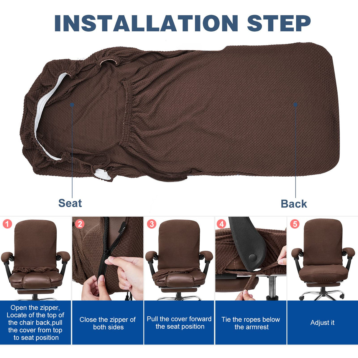 NeColorLife Office Chair Cover with Armrest Covers Stretchable - Zippered High Back Seat Cover for Extra Large Executive Desk Chairs, Big Tall Man(X-Large Size, Coffee)
