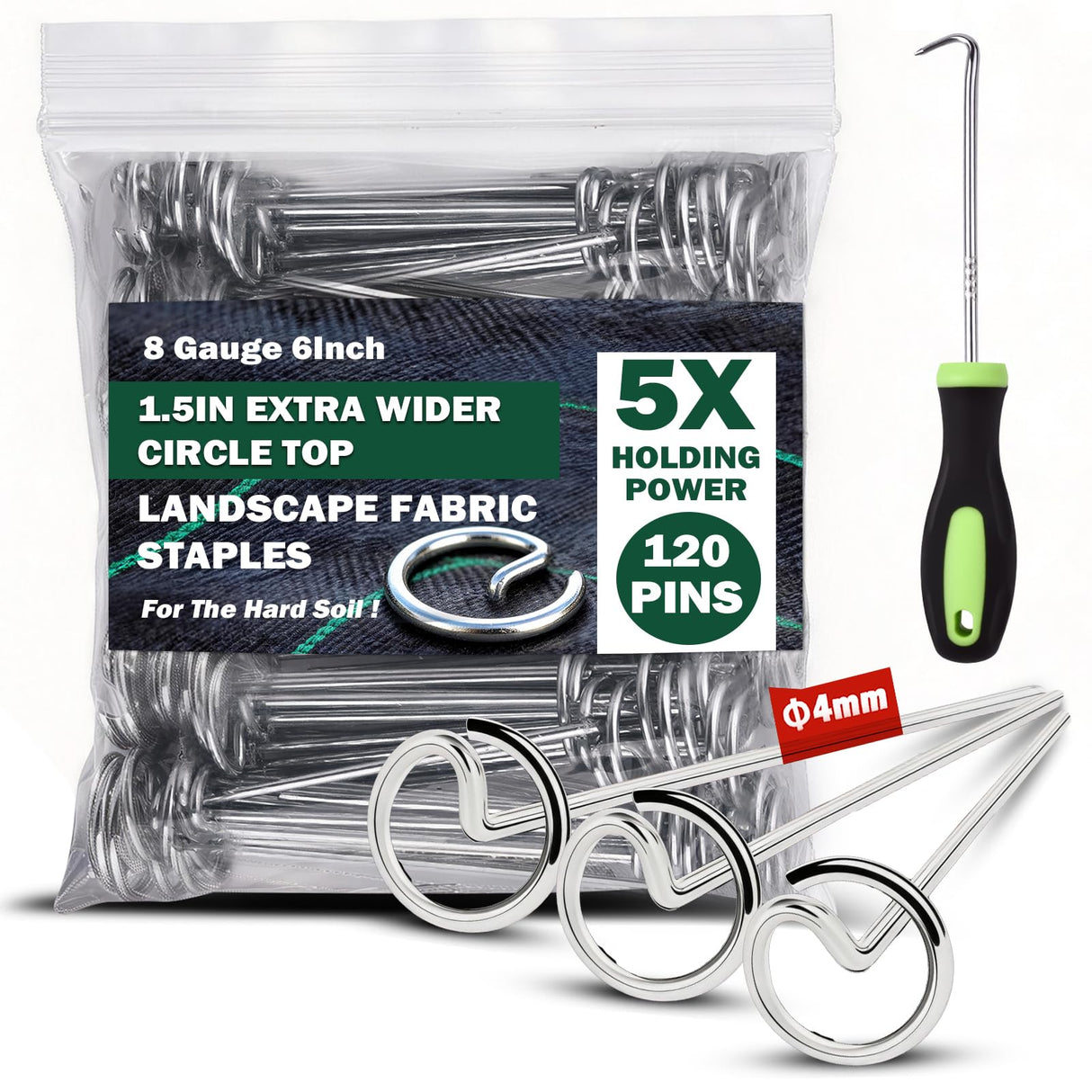 Landscape Staples Pins 120 Pack, 8 Gauge 6 Inch Heavy Duty Galvanized Weed Barrier Pins, Circle Top Garden Stakes with Removal Tool, Landscape Fabric Stakes for Weed Barrier Fabri