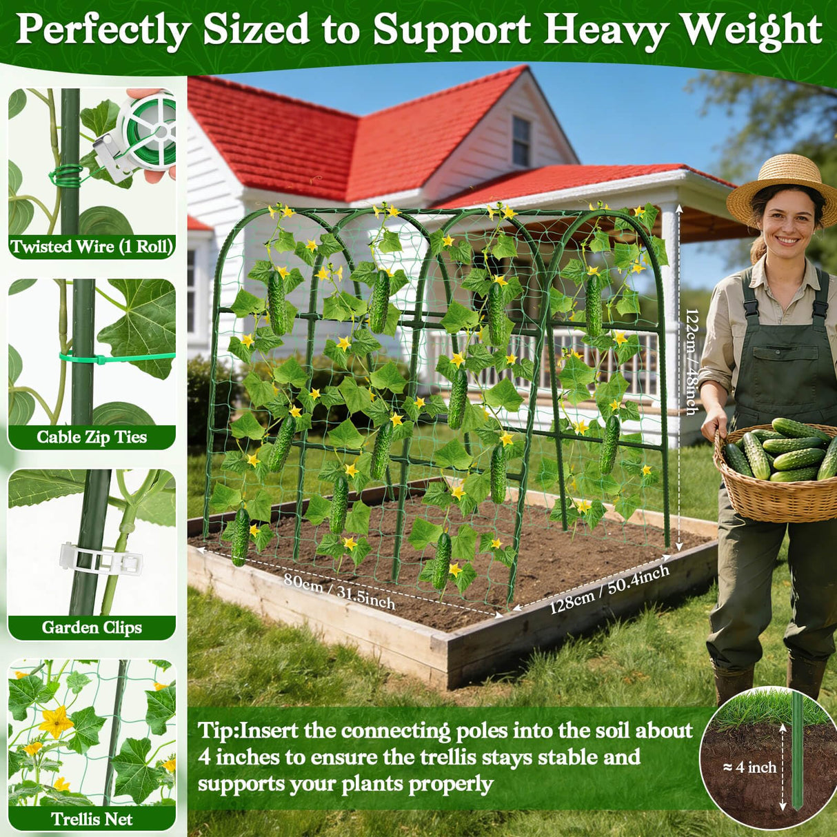 Cucumber Trellis for Raised Bed, Garden Arch Trellis for Climbing Plants Outdoor, Metal Garden Trellis for Spring Vegetables, Cucumber Trellis for Tomato, Bean, Pea, Grape, Plant