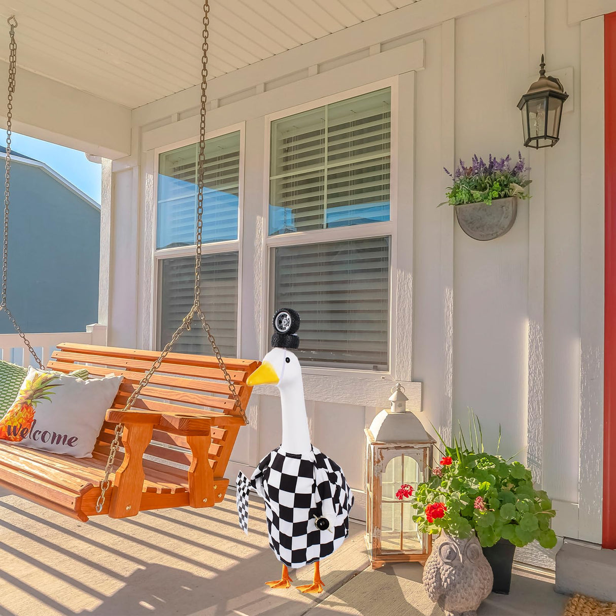 CAMDUCK Porch Goose Outfits Geese Race Car Driver Costume Clothing Racer Jumpsuit Clothes Lawn Goose Racing Suit with Tire Cap Flag Trophy Yard Goose Accessories for Garden Outdoor Decor