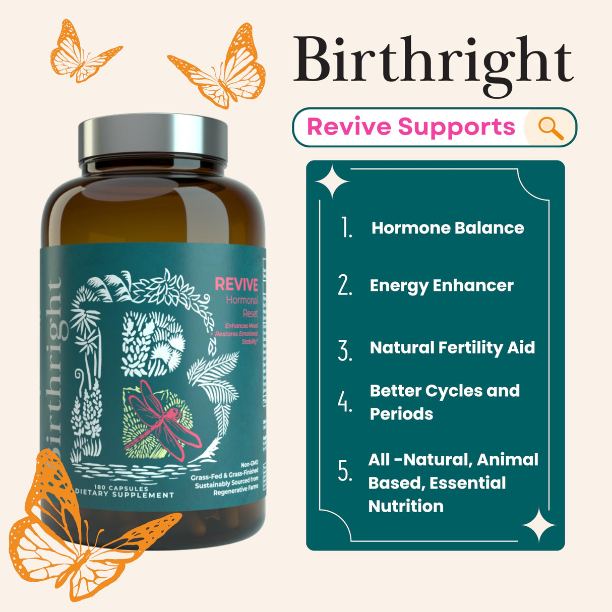 Birthright Female Hormone Support for, Energy, Fertility, Menstrual Cycle, Ovulation, Pregnancy and Menopause… All Natural, Animal Based, Liver, Kidney, Magnesium, Red Raspberry, Herbal Blend Revive