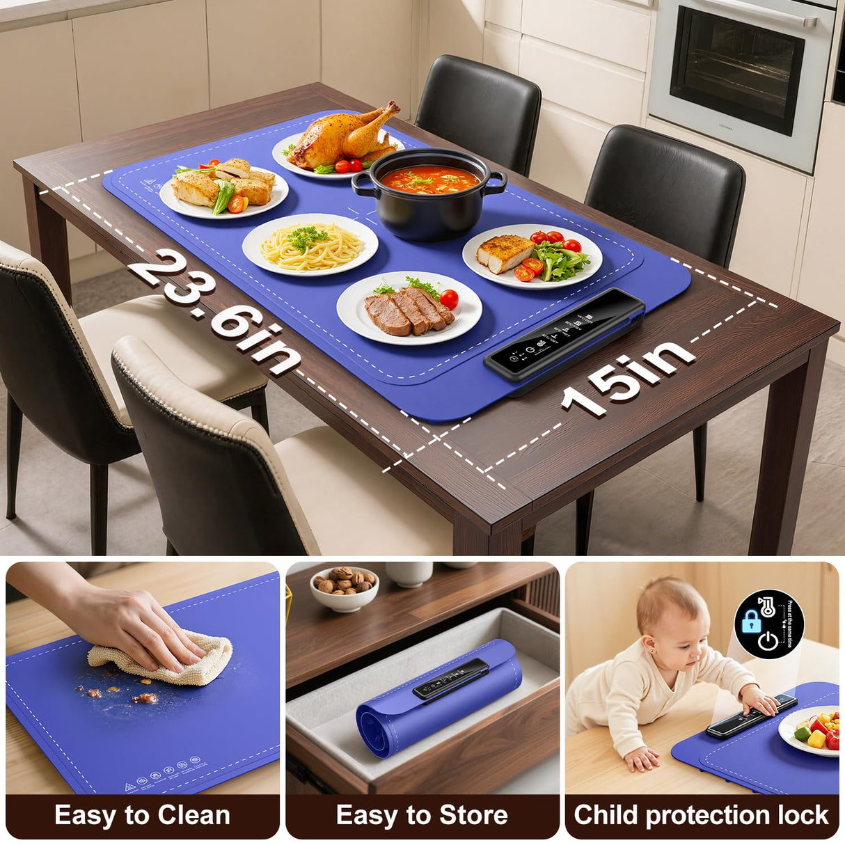 Warming Mat for Food, Electric Warming Tray for Dishes, Portable Heating Pad with 6 Hours Shut-Off, Silicone Food Warmer for Buffet, Party and Countertop with 4 Temperature Levels and Smart Timer
