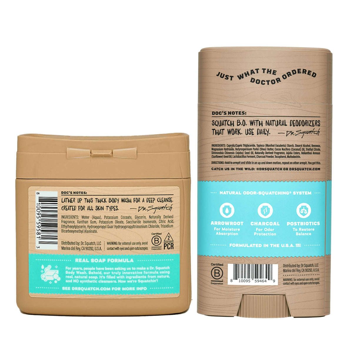 Dr. Squatch NEW Body Wash and Deodorant for Men Gift Set | No Paraben, Phthalate, Sulfate | Odor-Squatching, Aluminum-Free | Coconut Castaway Body Wash (8 oz, 3-Pack) & Deodorant (2.56 oz, 2-Pack)