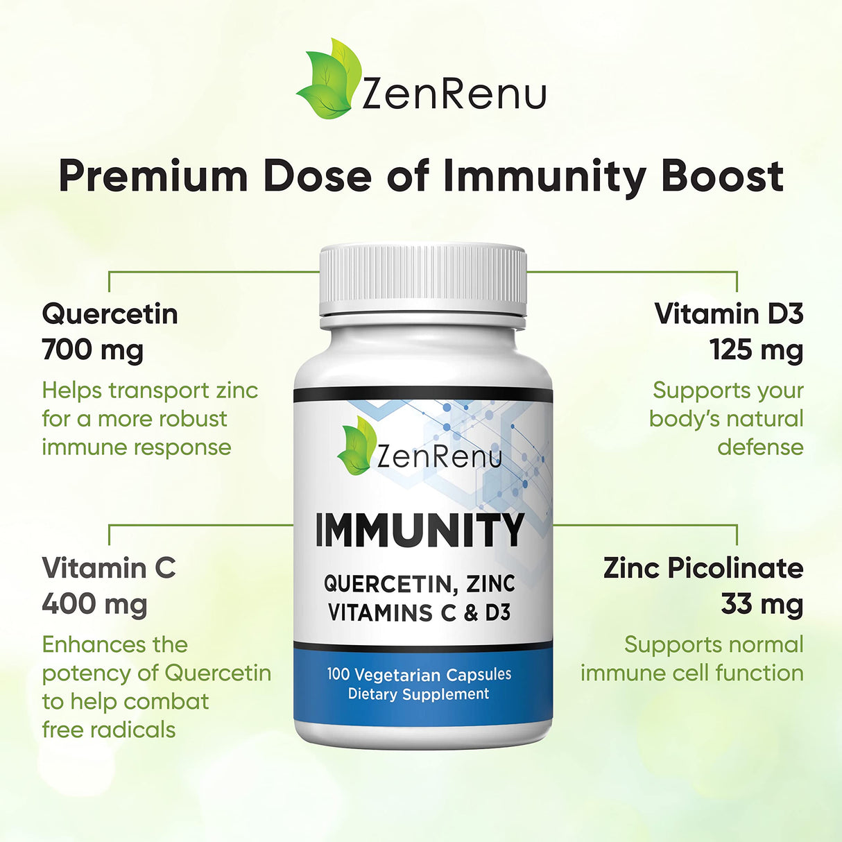 Zenrenu Immunity Quercetin 700 mg Zinc Vitamin C Vitamin D Immune Support Supplement with Curcumin - Easy to Absorb Immunity Supplement, 100 Vegetarian Capsules 50 Day Supply