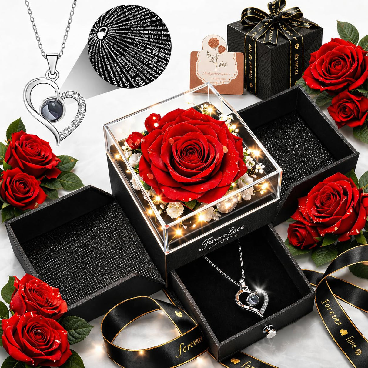 cdco Forever Love Preserved Real Rose with Heart Necklace, Mothers Day Gifts for Mom, Wife, Anniversary Birthday Gifts for Women â Projects âI Love Youâ in 100 Languages