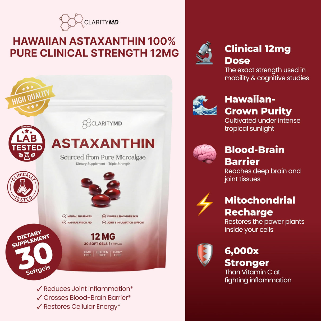 ClarityMD Astaxanthin 12mg Antioxidants Supplement – Natural Microalgae Source – Lipid-Based Softgel for Enhanced Absorption – Cognitive, Vision & Joint Support – 30 Softgels (Pack of 1)