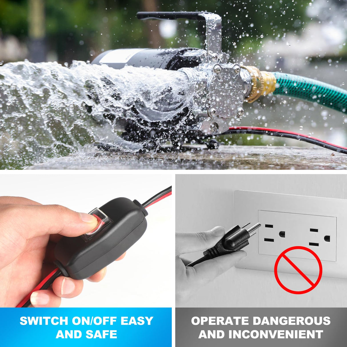FIDISP 12 Volt Water Pump, Portable Transfer Pump, 330GPH Larger Flow, 1/10HP Electric Utility Pump with On/Off Switch, 2 * 6’ Water Hose Kit for Garden Pools Aquariums Hot Tub