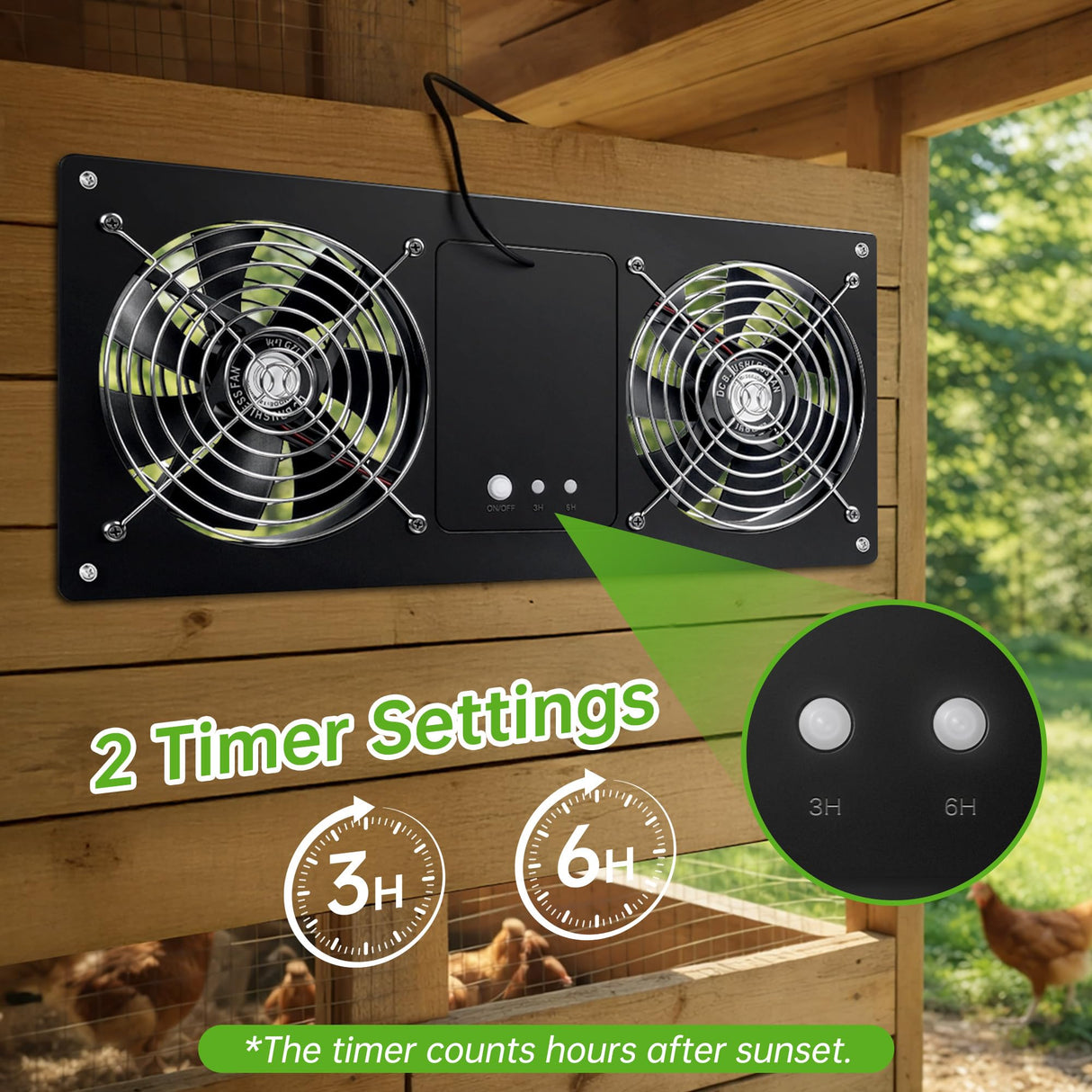 ropelux Solar Fan for Chicken Coop, Solar Powered Dual Exhaust Fans with 18000mAh Battery & 2 Timers, 24/7 Strong Airflow Cooling Ventilation for Greenhouses, Dog Houses, Attics, Sheds, Cabins