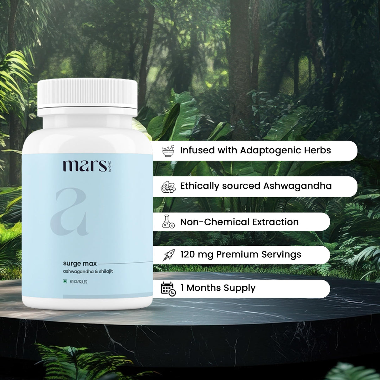 Mars Surgemax Natural Capsules with Shilajit & Safed Musli | Supports Energy, Strength & Immunity | for Active Lifestyle | 60 Capsules | Pack of 1