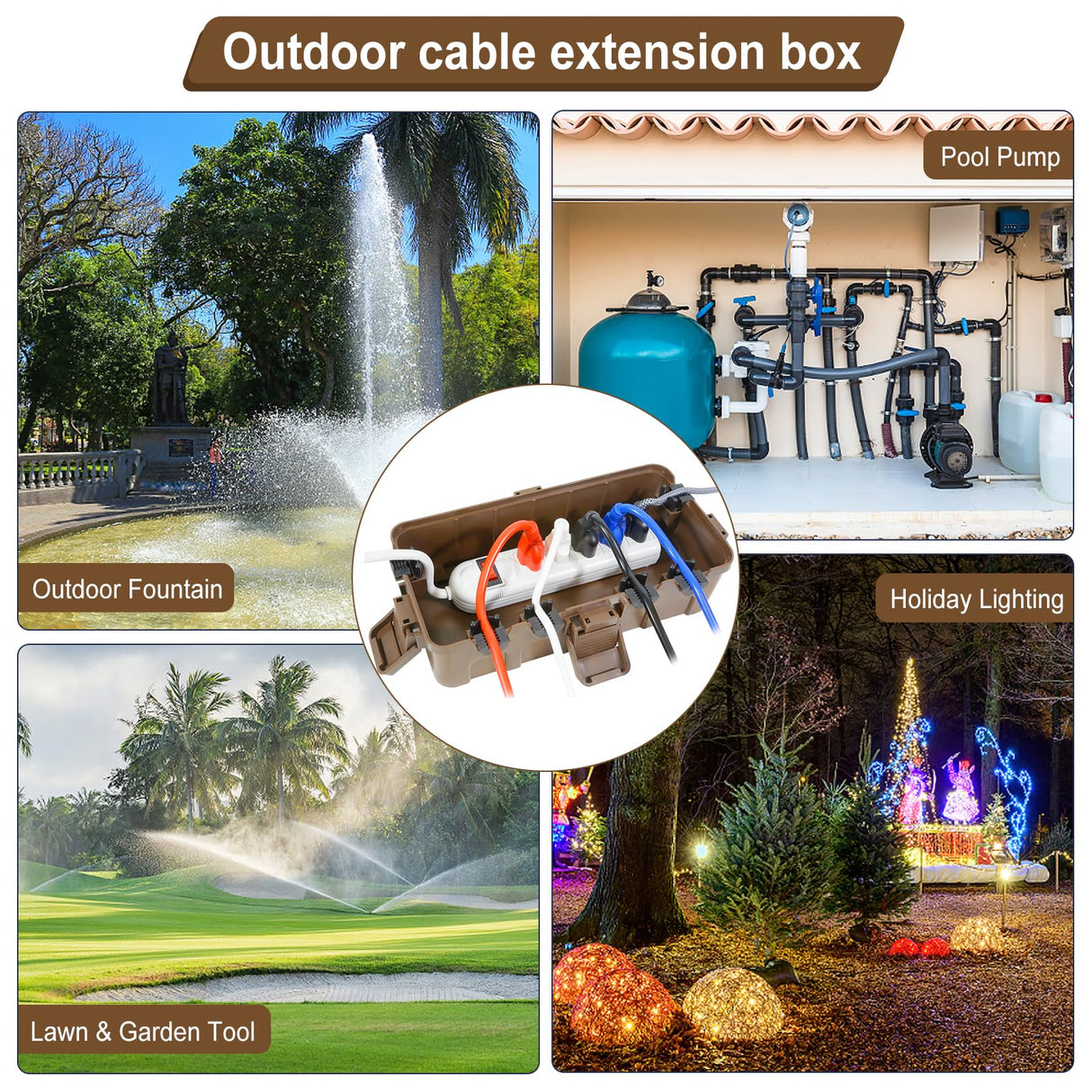 OUTDSPLY Medium Outdoor Electrical Box (11.6x5.2x4.1 inch), IP54 Waterproof Extension Cord Cover w/ 6 Cable Entry, Weatherproof Connection Box for Power Strip, Plug, Timer, Holiday Lights, Brown
