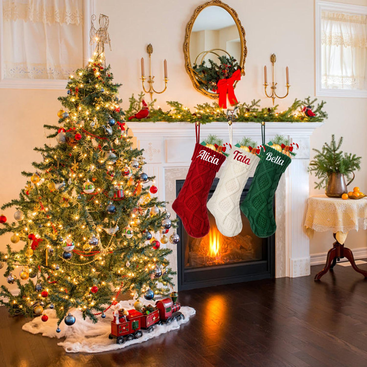 Personalized Christmas Stocking,Custom Name Family Christmas Stocking, 18” Large Knitted Xmas Stocking for Kids,Holiday and Family Stocking for Fireplace Christmas Holiday Party Decoration (3 pcs)