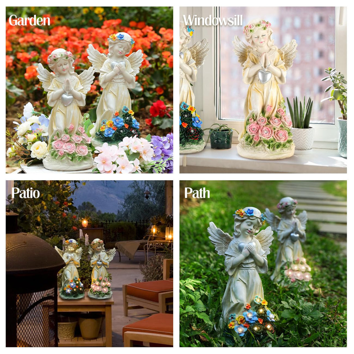 Kssiaz Angel Garden Statue 2Pcs,Love Heart Solar Garden Decor with Warm Light,Waterproof Praying Angel Statue with Flowers,Outdoor Garden Decor Sculpture for Lawn Yard Patio Garden Present,Apricot