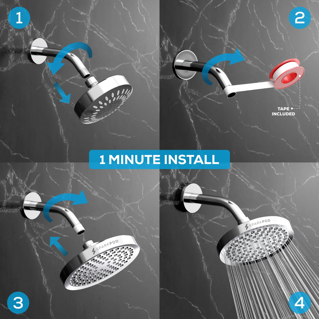 SparkPod Shower Head - High Pressure Rain - Premium Quality Luxury Design - Easy Clean Adjustable Replacement for Your Bathroom Shower Heads (Polished Chrome Finish, 6 Inch Round)