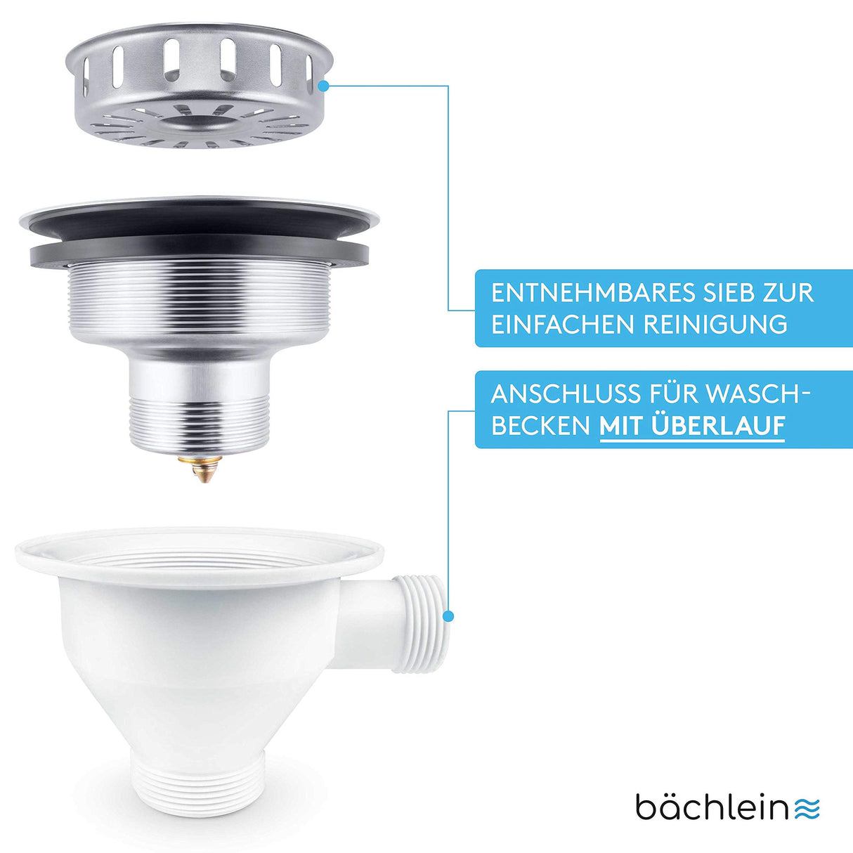 Bächlein Sink Drain Set (WITH OVERFLOW Universal Size Ø 114, Polished Stainless Steel)