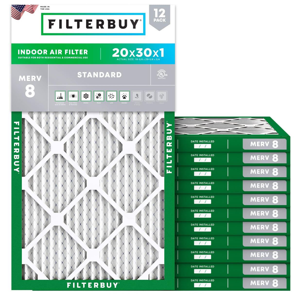 Filterbuy 20x30x1 Air Filter MERV 8 Essential Dust & Allergy Defense (12-Pack), Electrostatic Pleated HVAC AC Furnace Filters Replacement (Actual Size: 19.63 x 29.63 x 0.75)