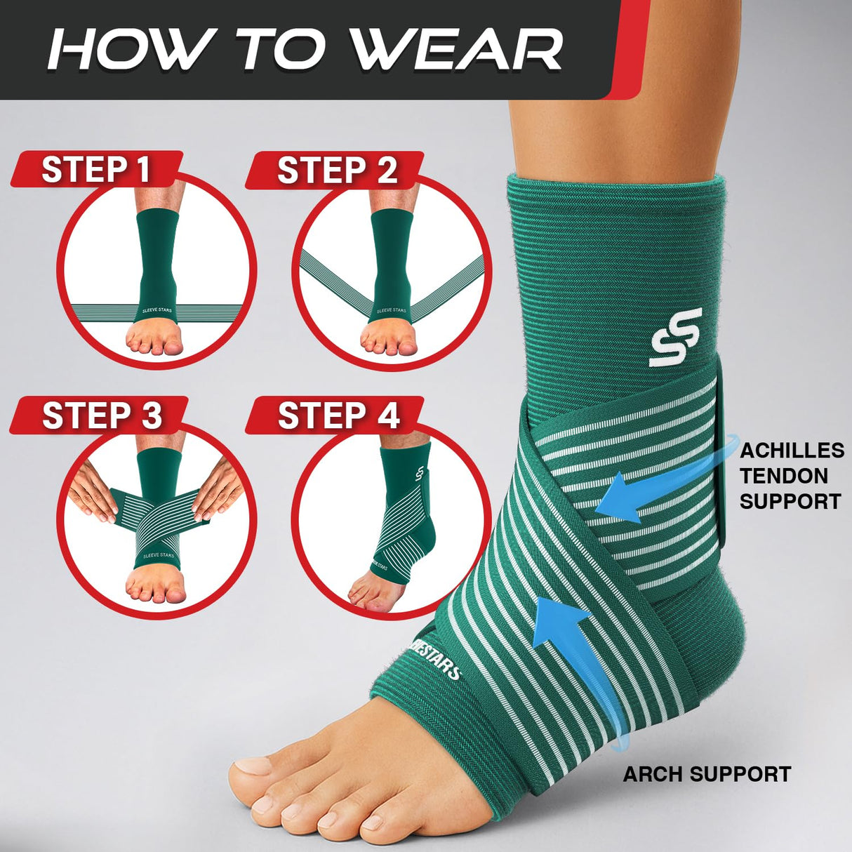 Sleeve Stars Ankle Brace for Women & Men, Ankle Wrap for Sprain, Compression Sleeve for Plantar Fasciitis Relief, Easy Customizable Support: w/ Removable Strap (Single/M:10"-12"/Turquoise)