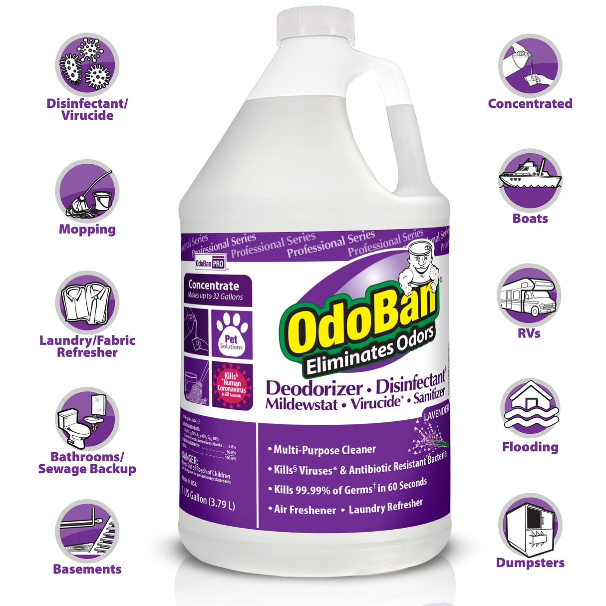 OdoBan Professional Disinfectant and Odor Eliminator Concentrate, Made in the USA, Lavender Scent, 4-Pack, 1 Gallon Each