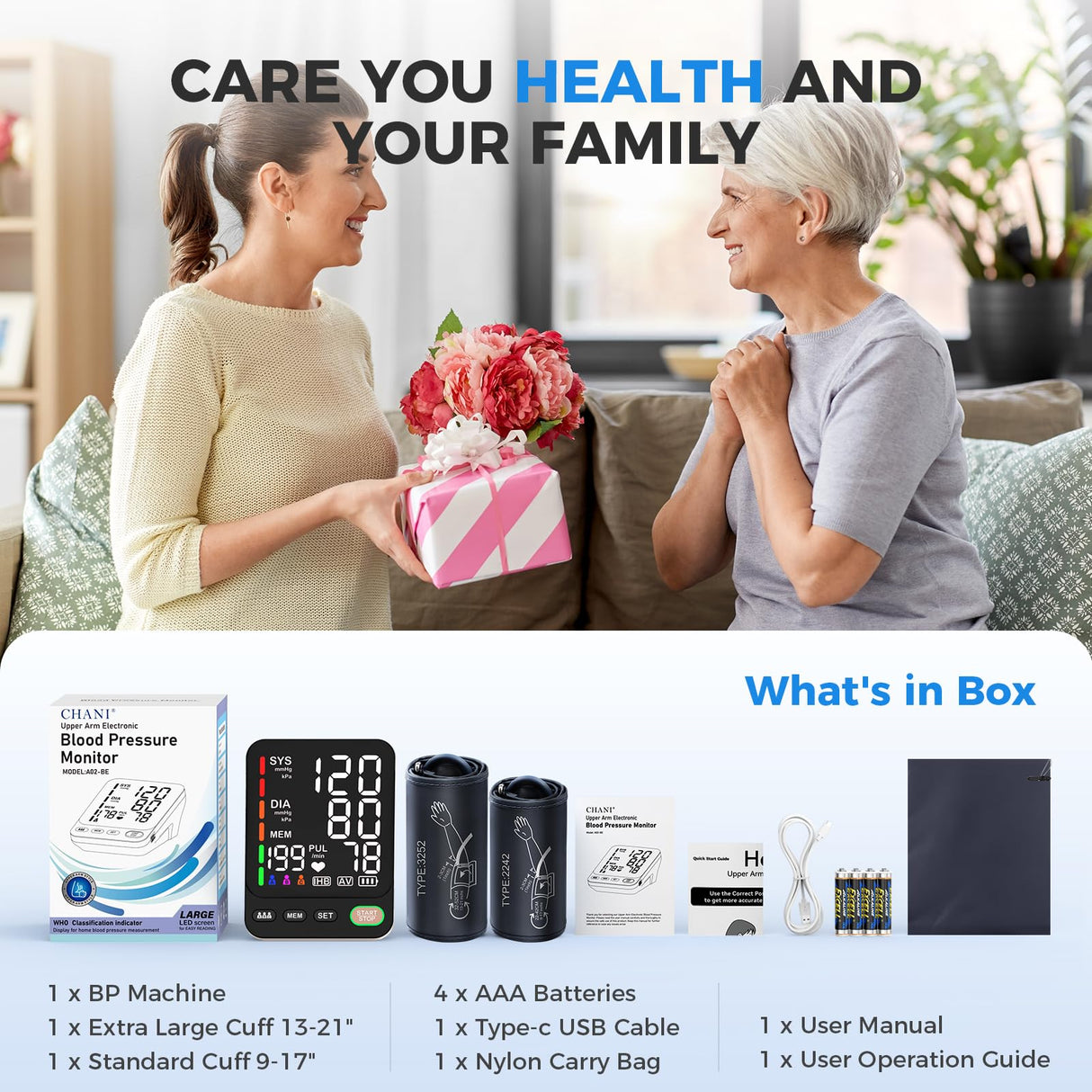 Blood Pressure Monitor, Extra Large 2 Cuffs Accurate Upper Arm Blood Pressure Machine for Home Use, 9-17''&13-21''Adjustable Blood Pressure Cuff, 6 inch Backlit Large Screen /3 User Mode