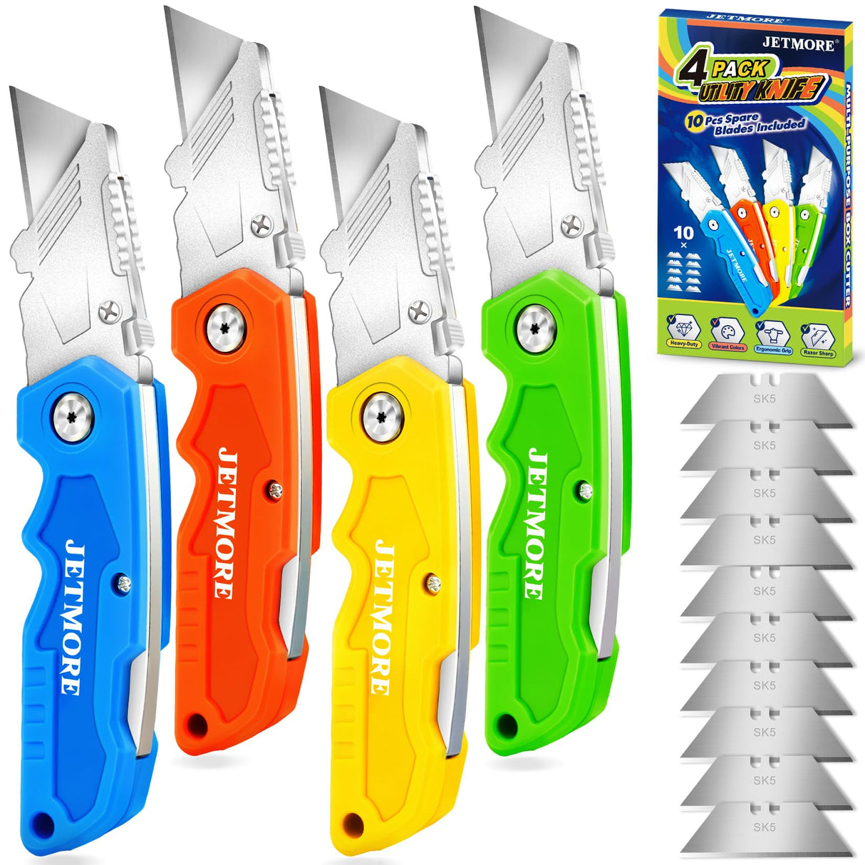 JETMORE Folding Utility Knife, 12 Pack Heavy Duty Box Cutter with Extra Blades, Paper Roll Cutter, Utility Knives, Paper Cutter, Razor Blade Knife, Razor Knife Utility for Cardboard, Carpet, Plastic