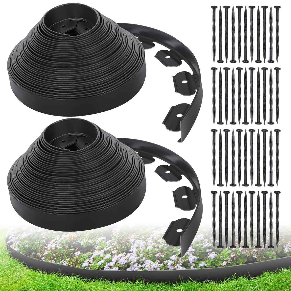2IN x 100FT Landscape Edging Border with 150 Spikes, Plastic Edging for Landscaping, No Dig Garden Border Edging Kit for Flower Beds, Lawn, Yard, Paver Pathway