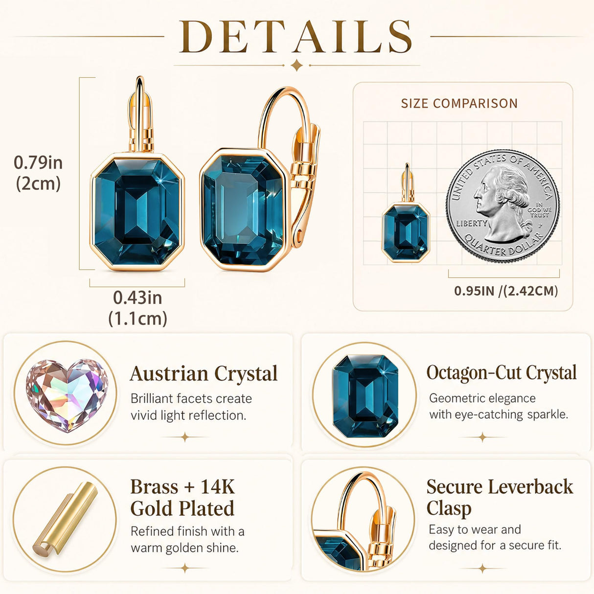 EVEVIC Austrian Crystal Octagon Leverback Drop Earrings for Women