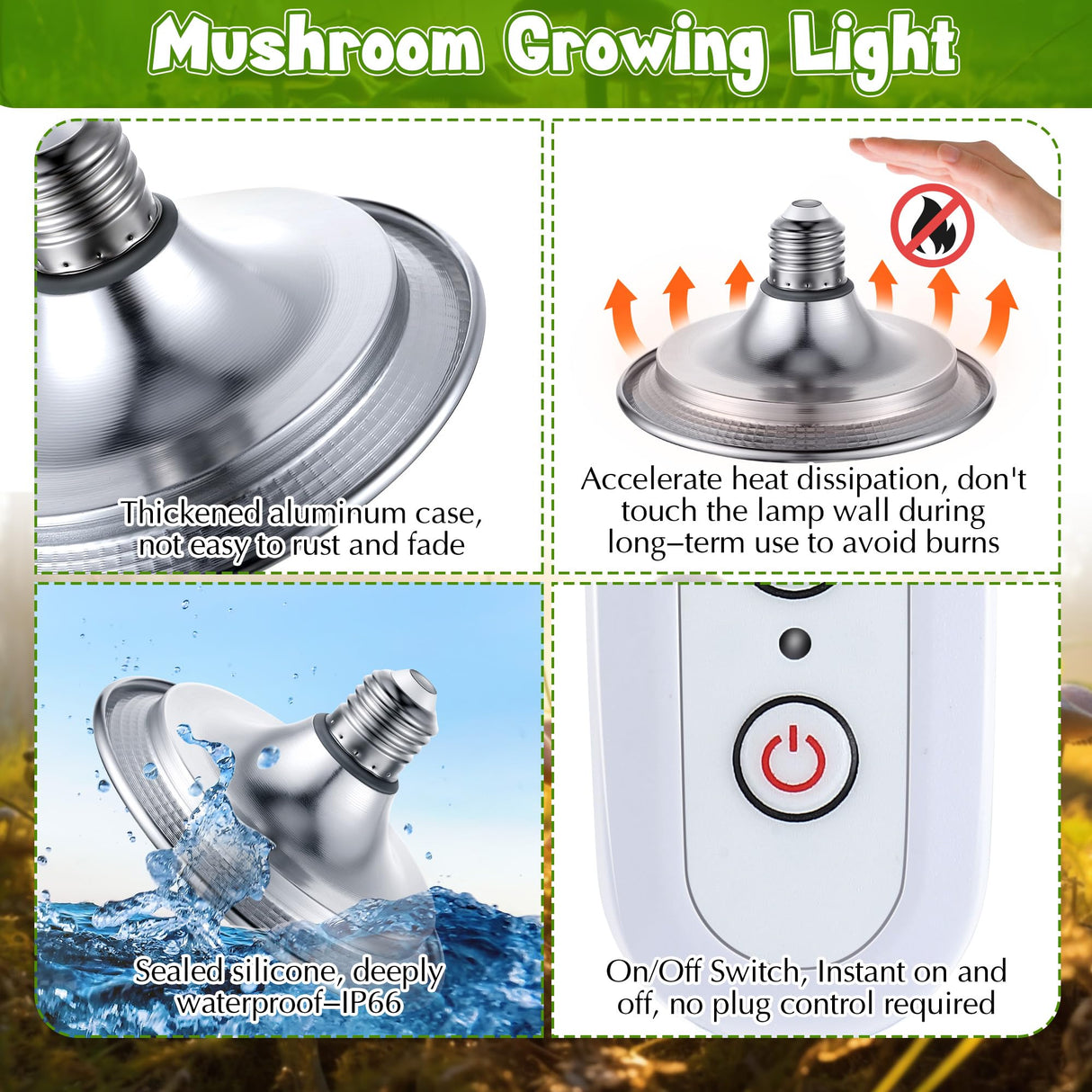 Meonum Mushroom Grow Light with 3/6/9 Hour Timer, 360° LED Hanging Grow Lights Bulb for Mushroom with 6.5ft Extension Cord, 6000K Blue&5000K White Lamp for Indoor Plants Growing Kit Supplies (1 Pack)