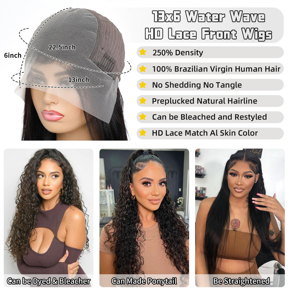 13x6 Water Wave Lace Front Wigs Human Hair Wigs 10A 30 Inch 250 Density HD Transparent Wet and Wavy Lace Front Wigs Human Hair Glueless Deep Curly Lace Frontal Wigs Human Hair Pre Plucked for Women