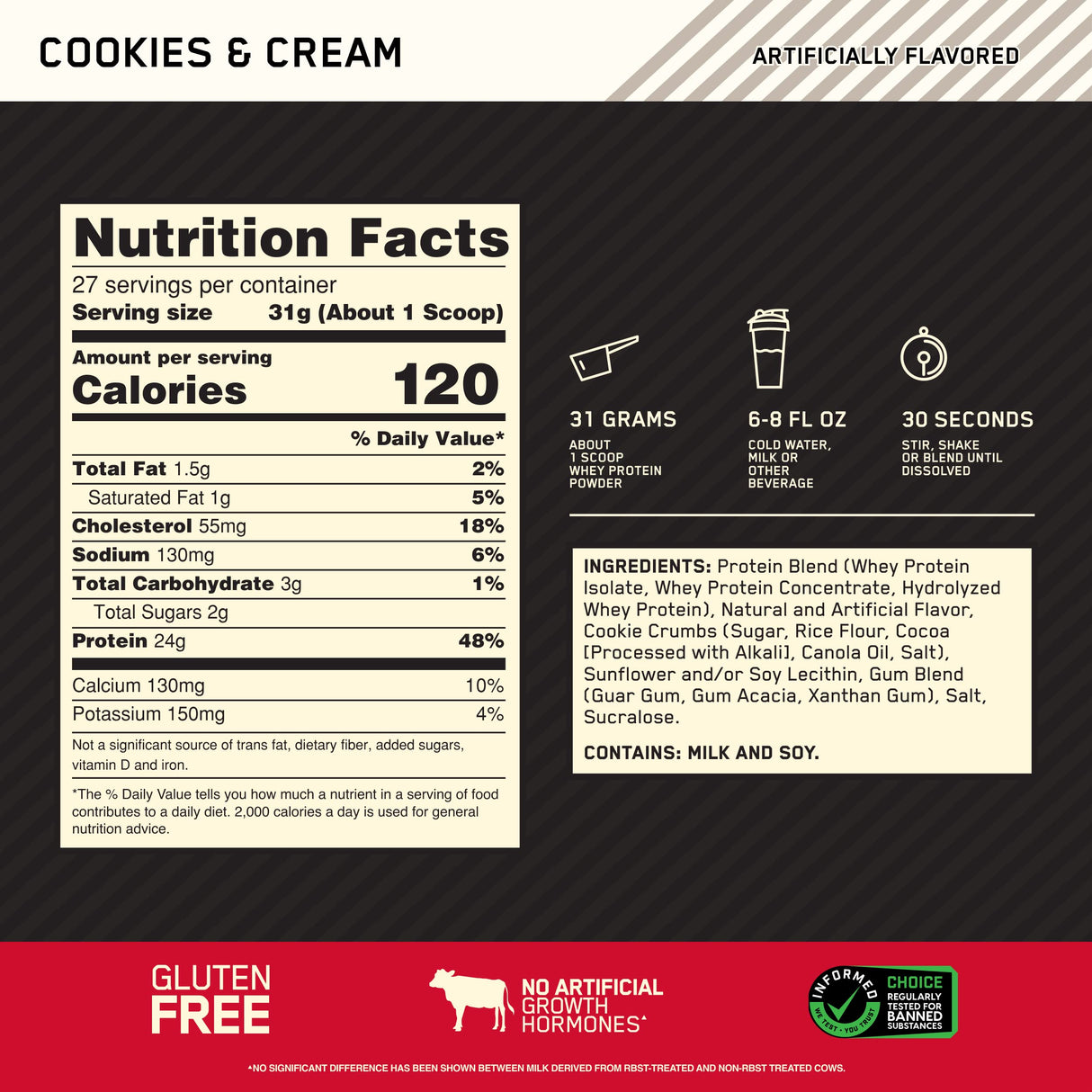 Optimum Nutrition Gold Standard 100% Whey Protein Powder, Cookies & Cream, 2 Pound (Packaging May Vary)