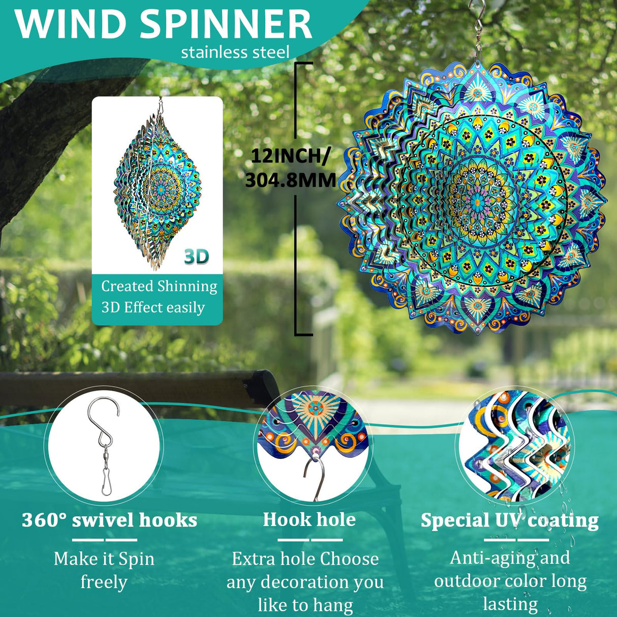 Hippolytusiart Wind Spinner Mandala Peacock Blue Ocean,12Inch Stainless Steel Wind Spinners Outdoor,Gifts for Women,Mother,Men,Father,Holidays,3D Kinetic Yard Art Decorations,Christmas Garden Decor