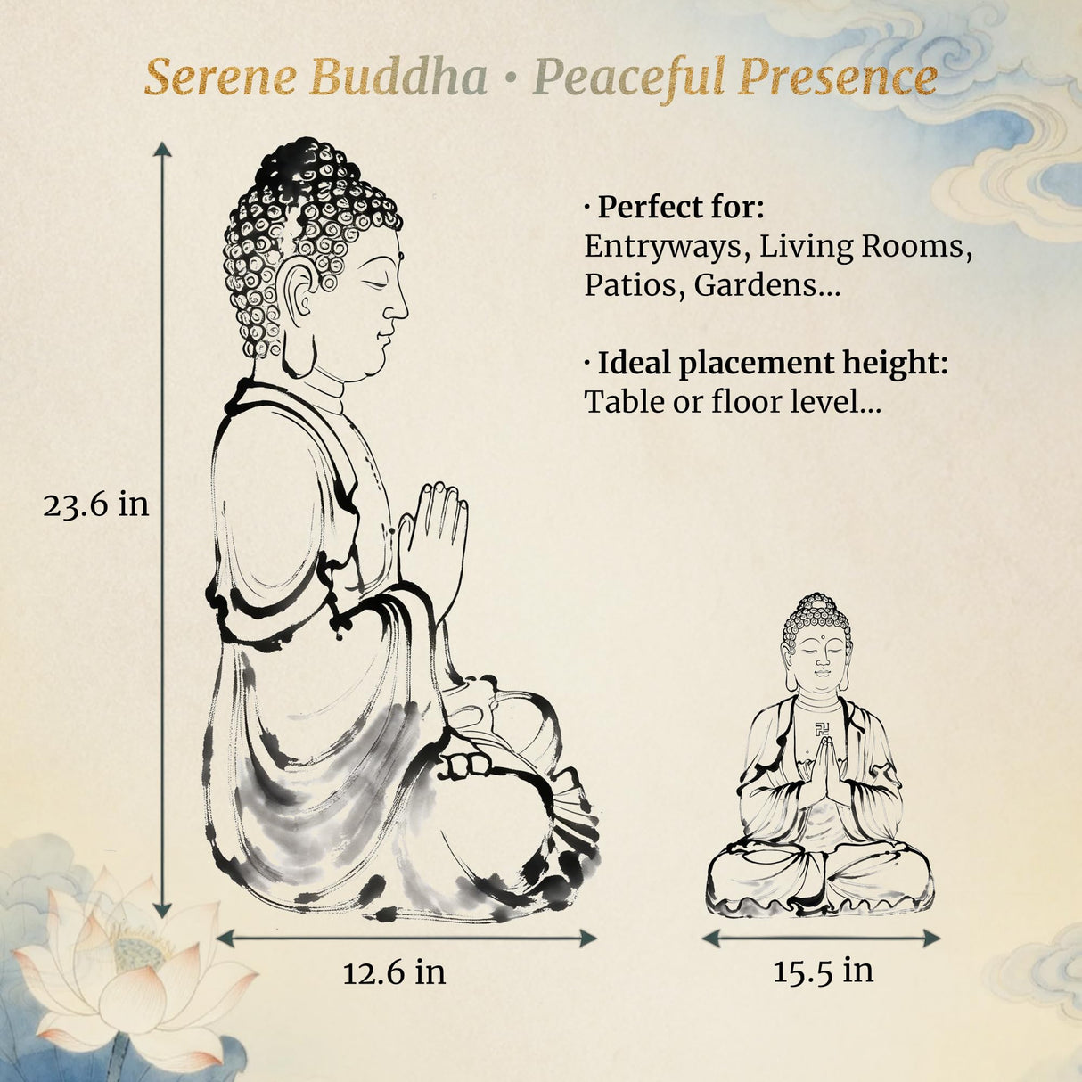 Greens Word Sculptures Buddha Statue, Garden Statues 23.6 Inch Tall, Large Magnesium Oxide Praying Buddha Sculpture Indoor & Outdoor, Spiritual Statue for Home Decor Yard Porch Patio, White